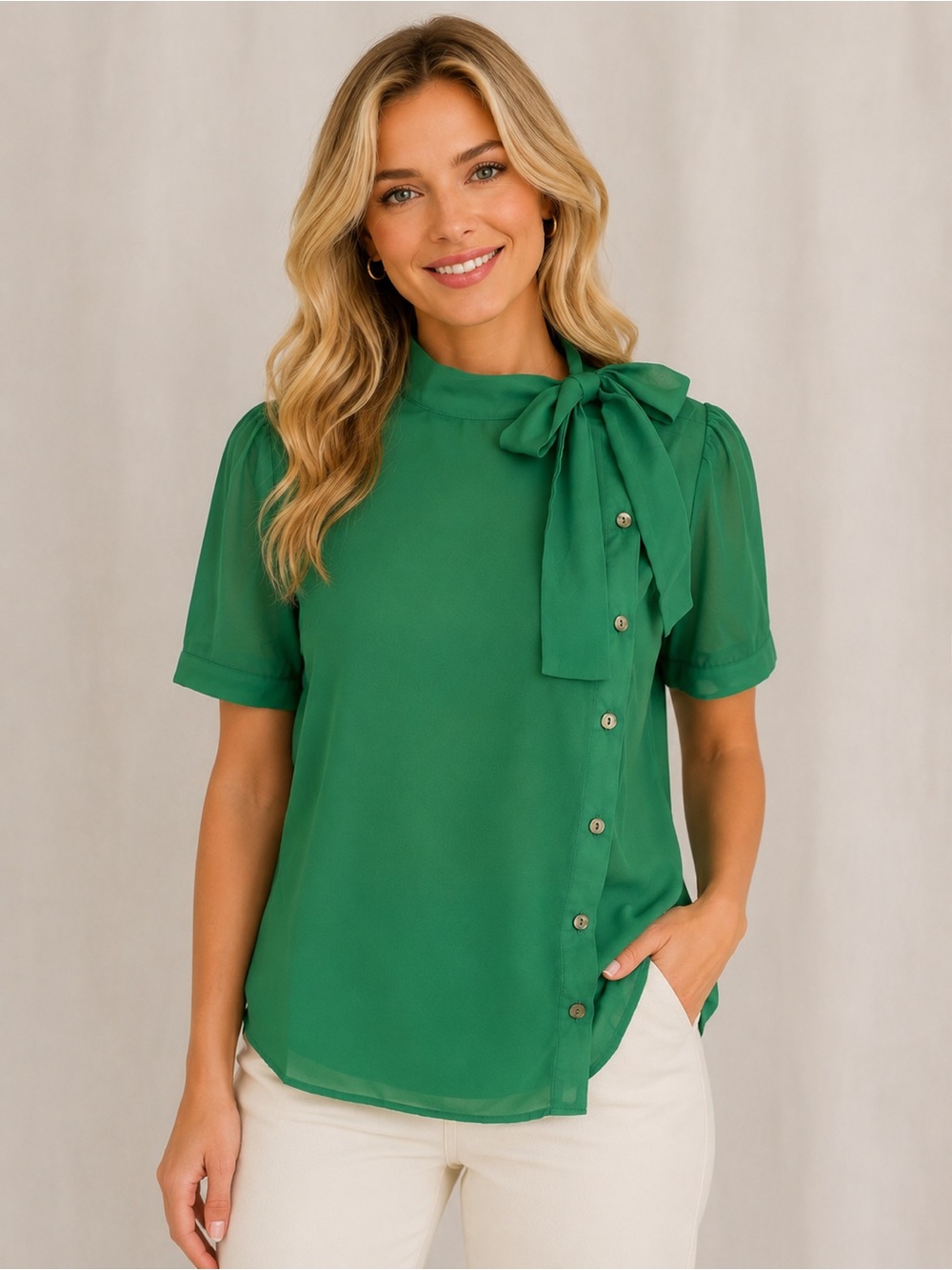 NWT Tulip B Chiffon Bow-Tie Short Sleeve Blouse in Green Side Buttons